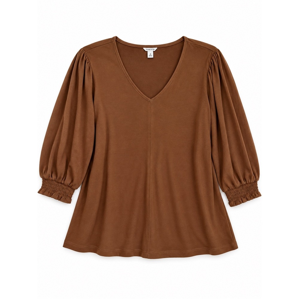 Cato Faux Suede Top Size Extra Large Brown V Neck Puff Sleeve Smocked Cuff Boho